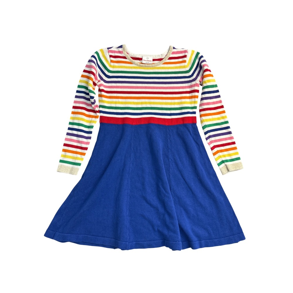 Hanna Andersson Girls Rainbow Stripe Knit Sweater Dress Blue Gold Trim Size 150